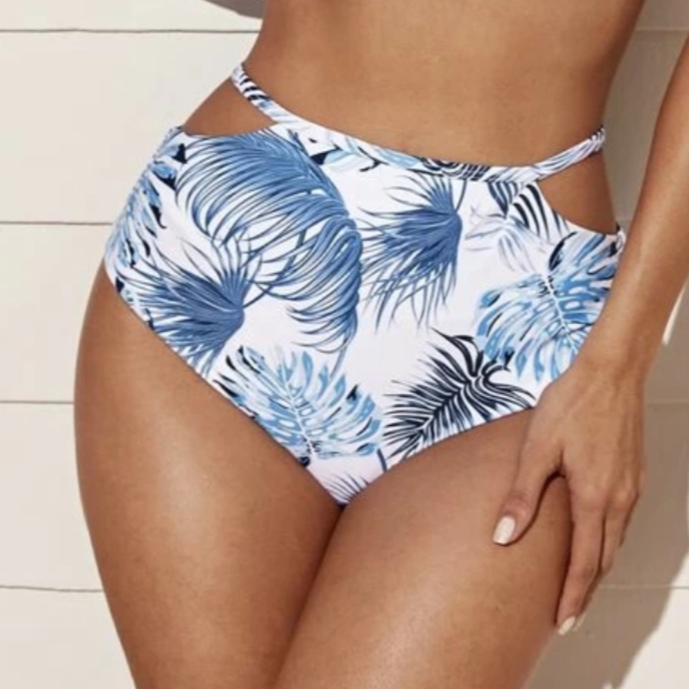 White & blue Palm print high waisted bikini.